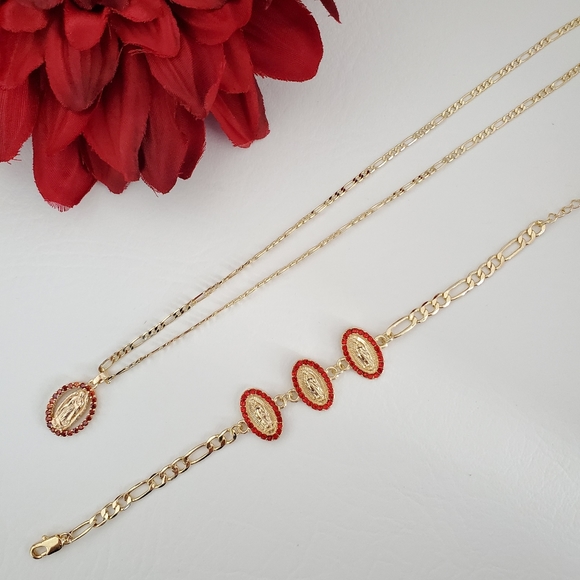 Red Crystal Lady of Guadalupe Gold Plated Necklace & Bracelet - Picture 6 of 7